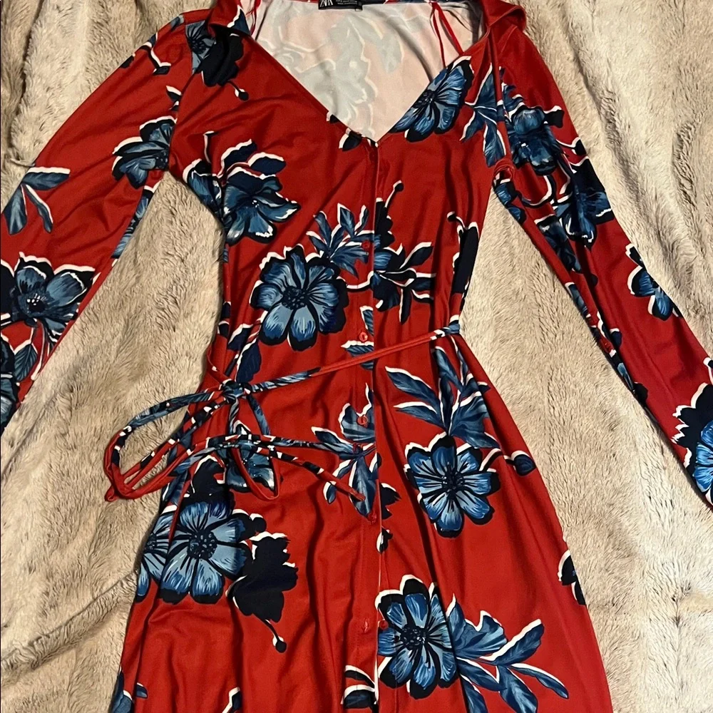 Zara Vibrant Red and Blue Floral Long Sleeve  Maxi Dress - Picture 7 of 7
